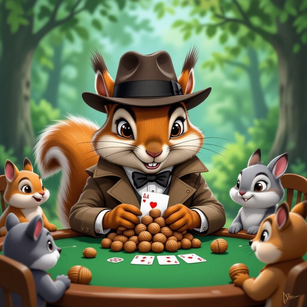 A mischievous squirrel, wearing a tiny fedora and a comicall...