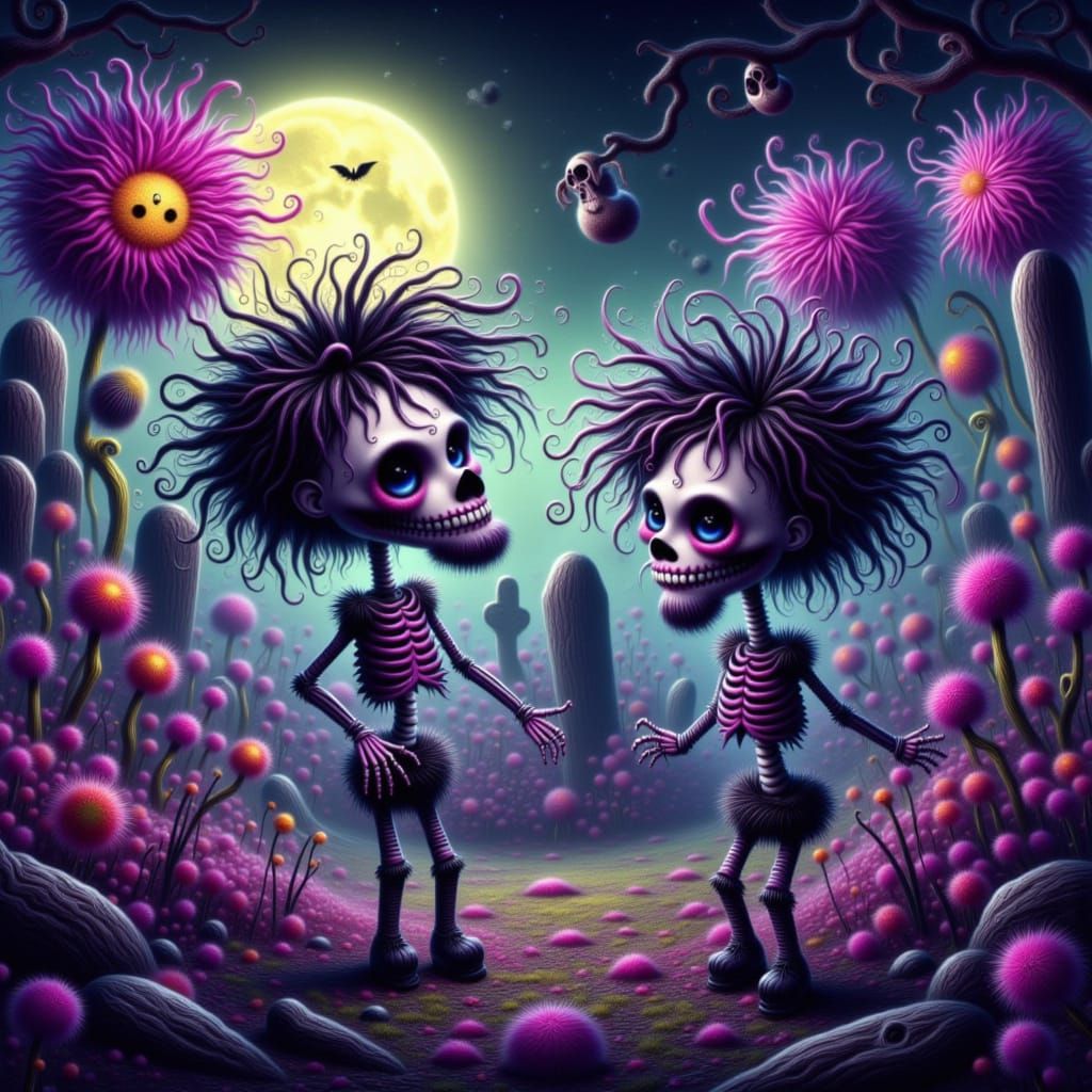 Joyful Chibi Skeletons in Spooky Graveyard CGI