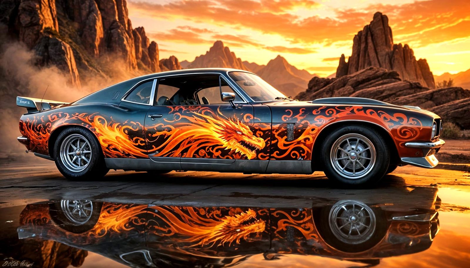 Retro Car Airbrush Mural with Flames and Roses