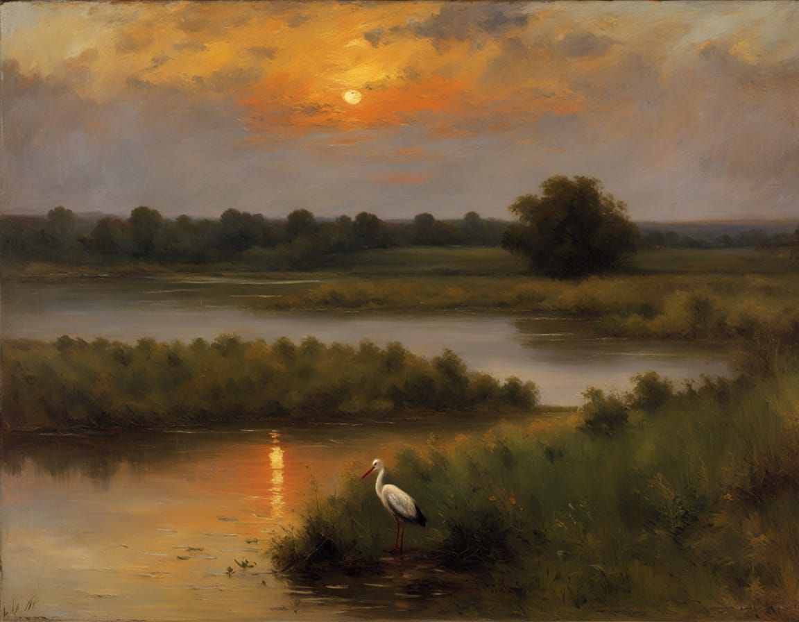 Stork at Lagoon in Golden Light, Oil Painting Style