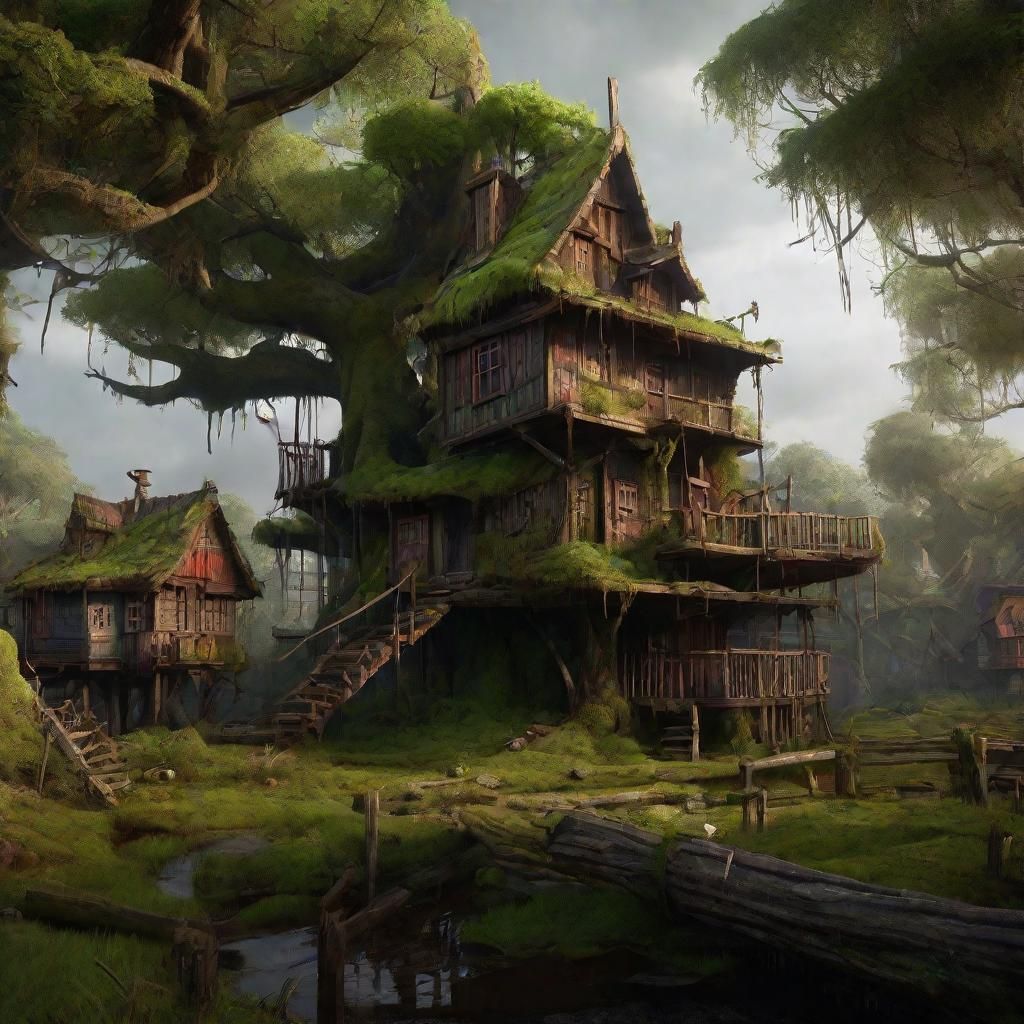 Fantastical Mossy Treehouse Village in a Bog