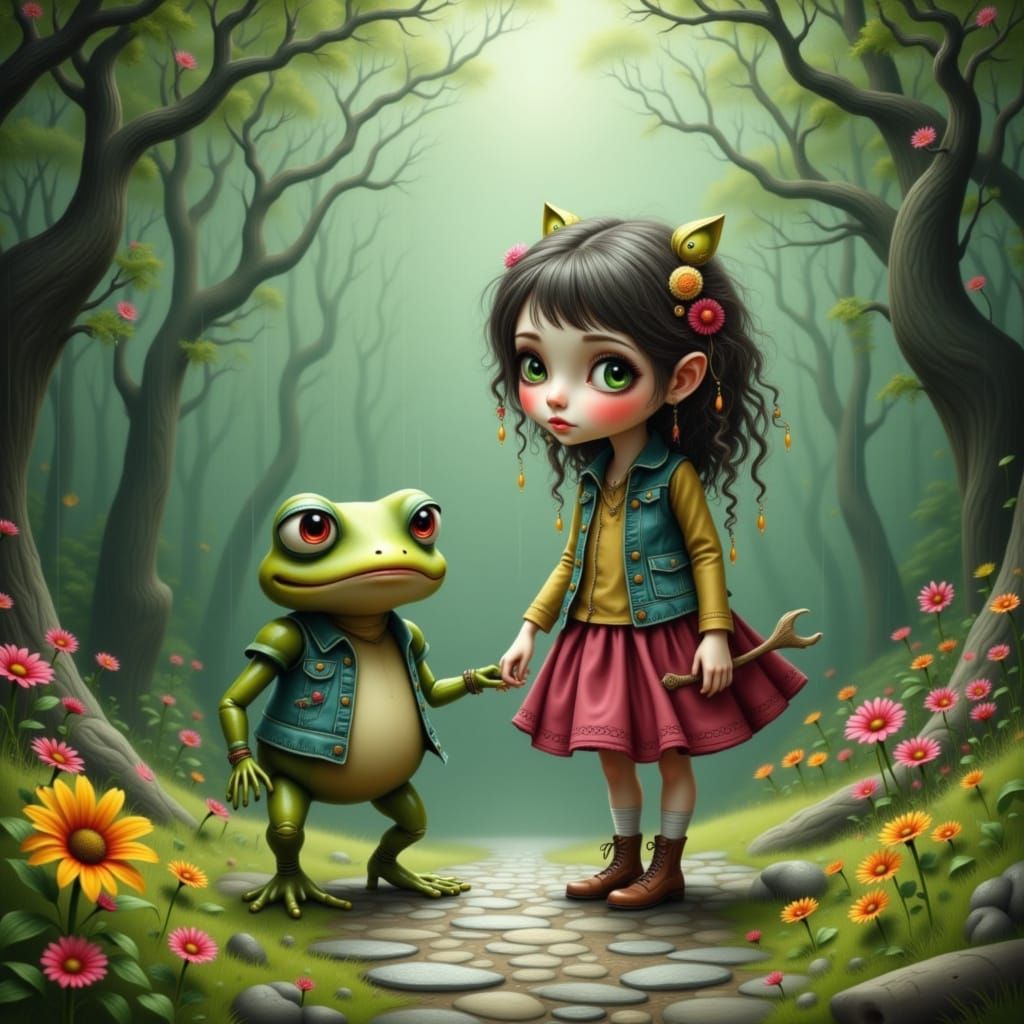 Girl and Toad Friend Holding Hands in Rain