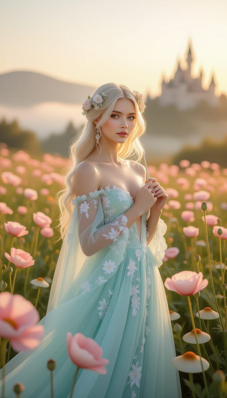 Ethereal Flower Garden Portrait of a Platinum-Haired Woman