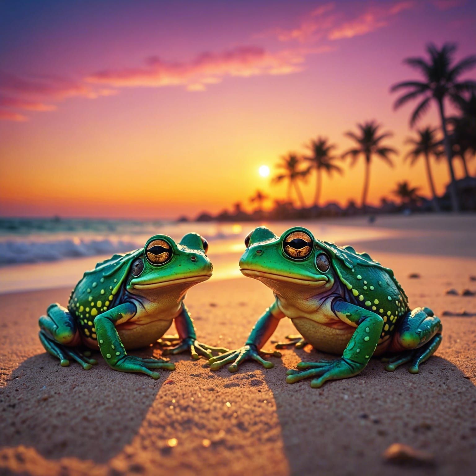 Sunset Beach Frogs: Synthwave Miniature Photography