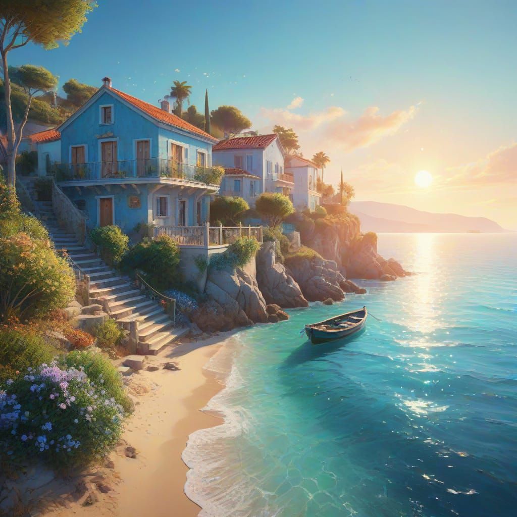 Sun-Drenched Mediterranean Village Seaside Scene
