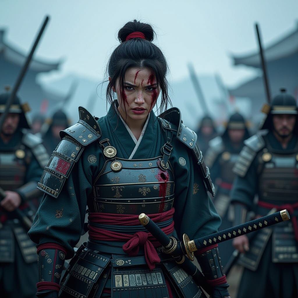 Furious Samurai Woman on Battlefield