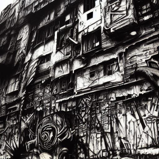 Goth Art Mural with Urban Textures and Stark Contrast