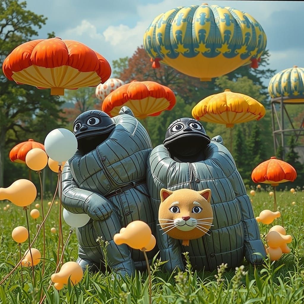 Linocut of Balloon Art Figures in Forest