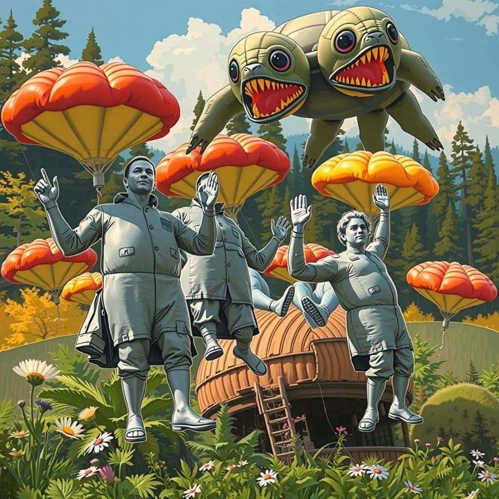 Linocut Style Balloon Figures in Ethereal Forest