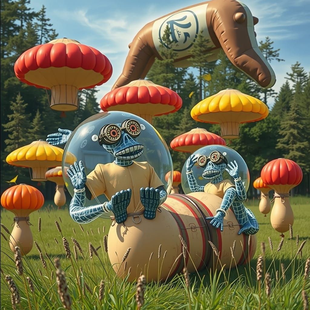 Startled Balloon Figures in Forest, Linocut Style