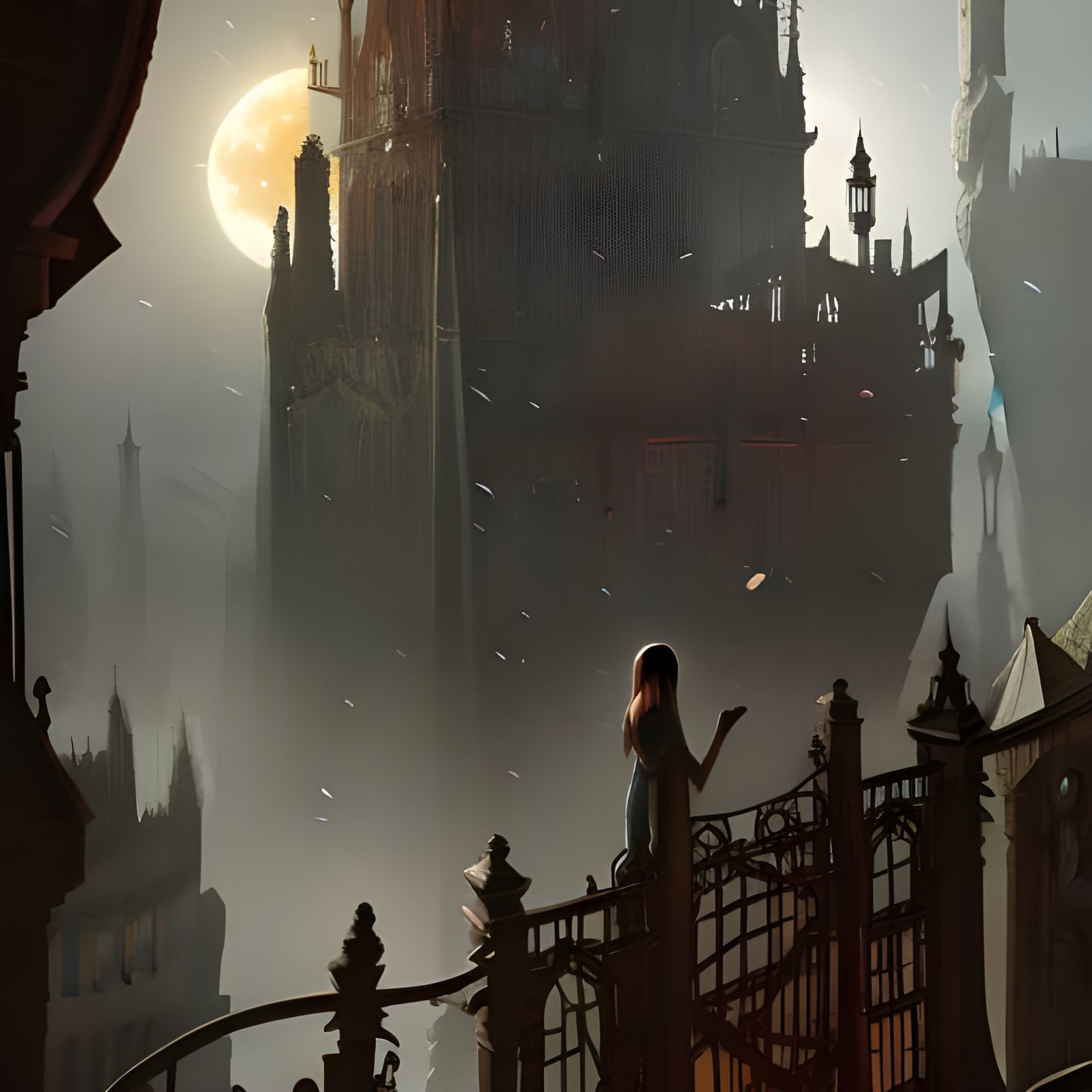 Gothic Balcony Scene with Moon Collision