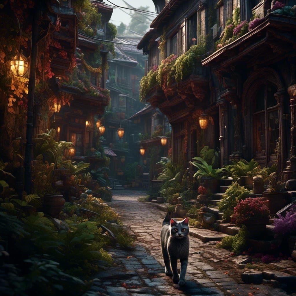 <lora:Project 1:1.0> Cat walking down a street in an empty c...