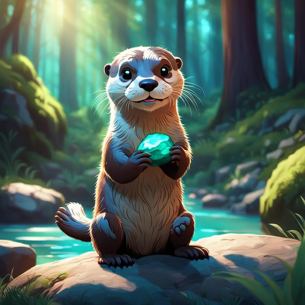 Cute River Otter Holds Shiny Rock in Sunlit Forest