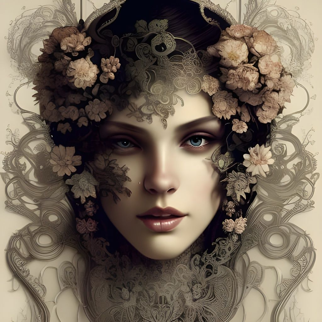 Ornate Floral Portrait in Neo-Victorian Airbrush Style