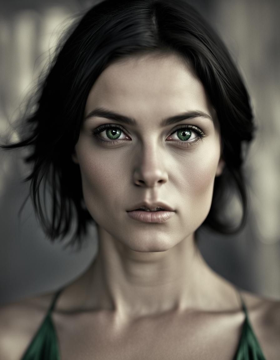 Raven-Haired Gamine in Hyperrealistic Style