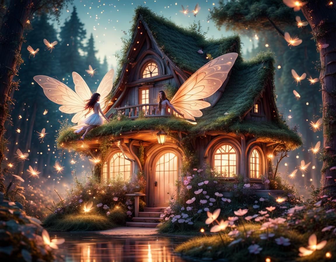 Winged Fairy with Fireflies in Enchanted Forest