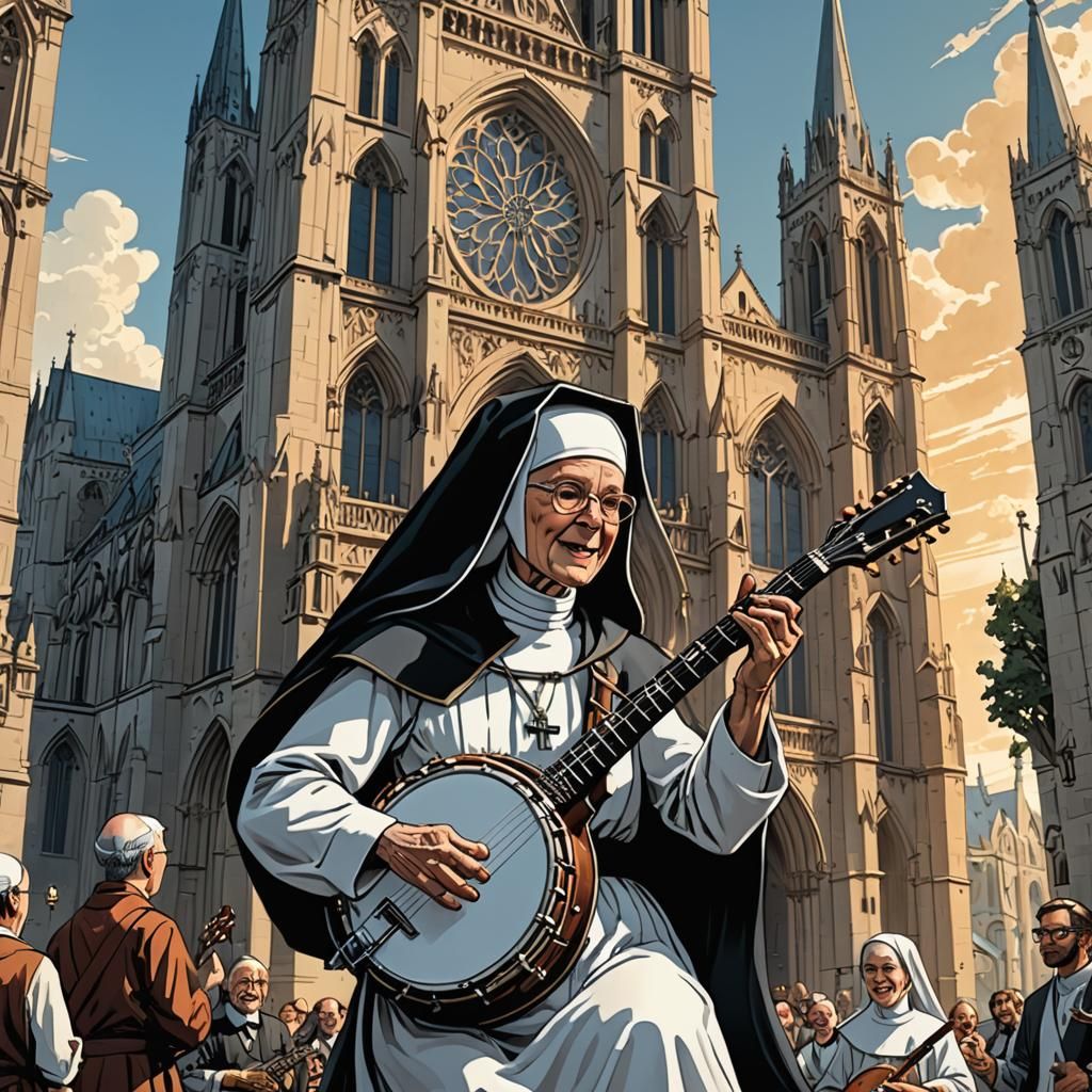 Cartoon Nun Plays Banjo Comic Book Style