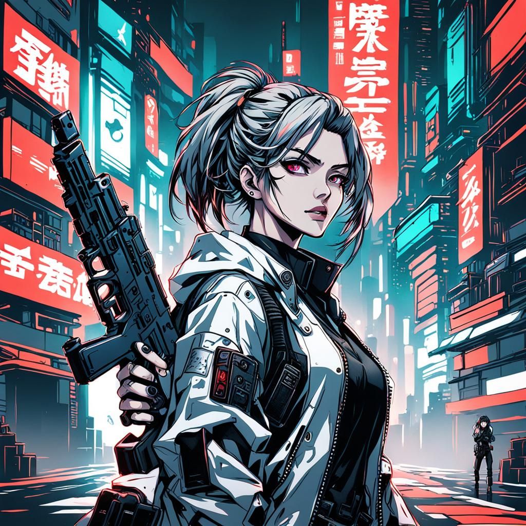 Cyberpunk Woman with Gun in Anime Style