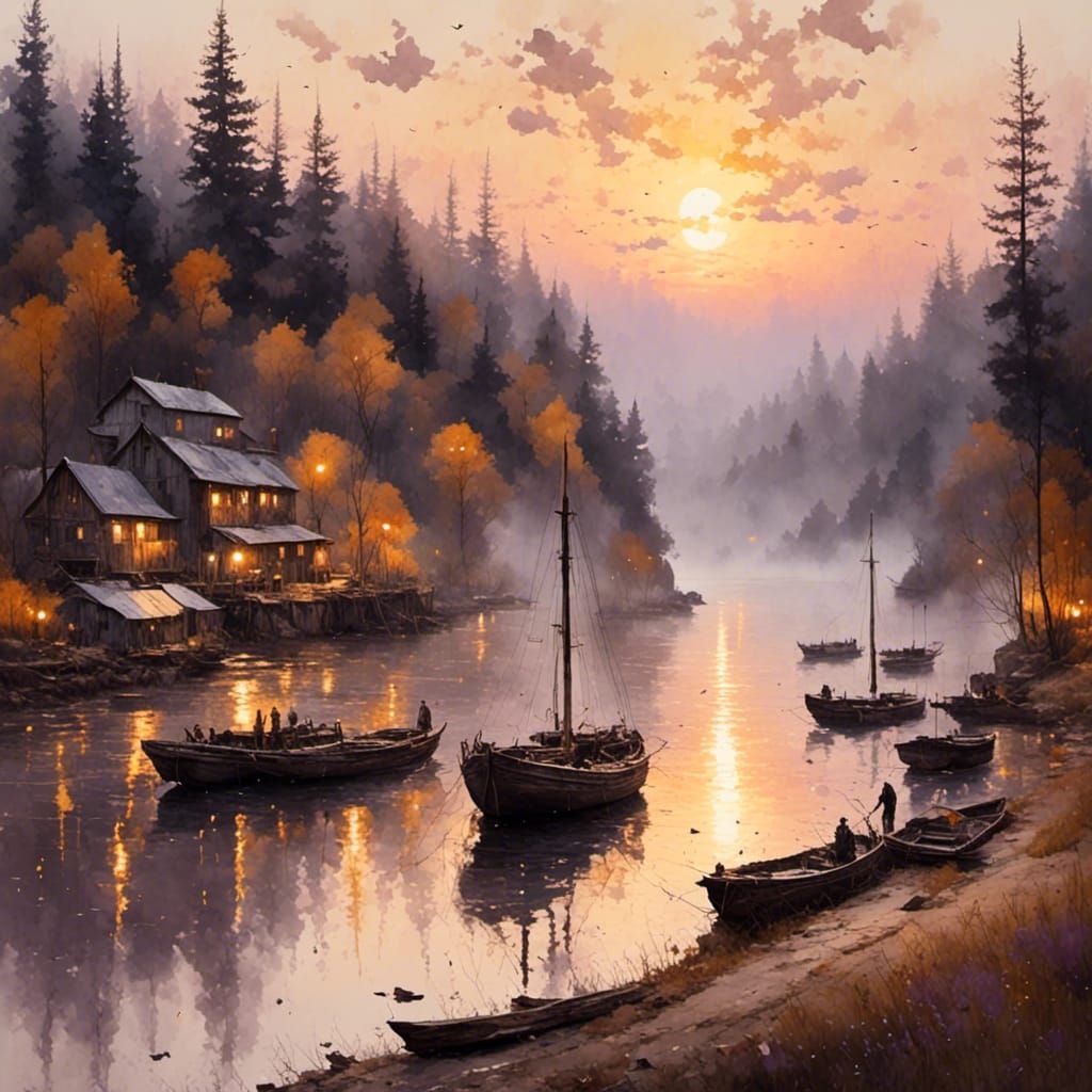 River Trading Post at Dawn: Antique Watercolor