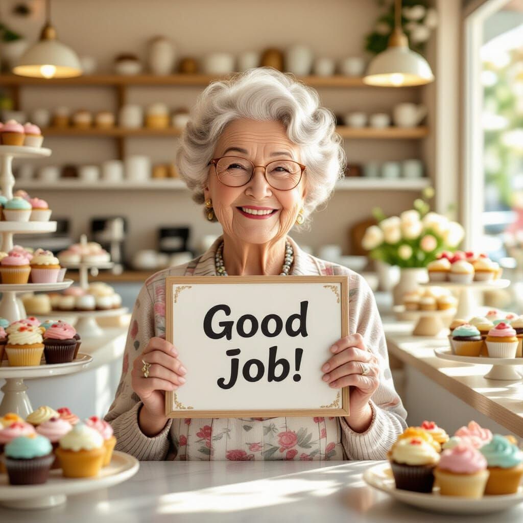 Smiling Grandma in Cupcake Shop: Photorealistic Image