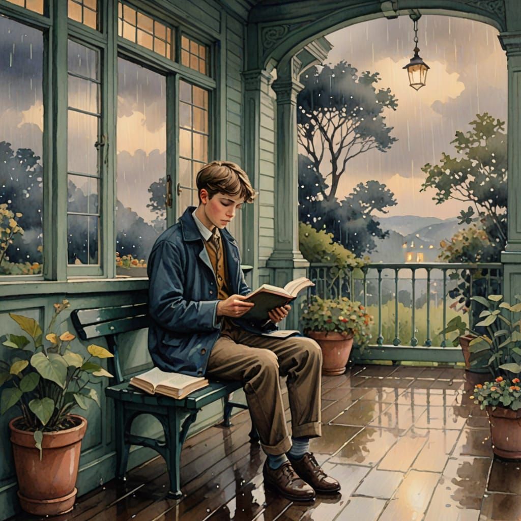 Art Nouveau Boy Reading on Porch During Summer Rain