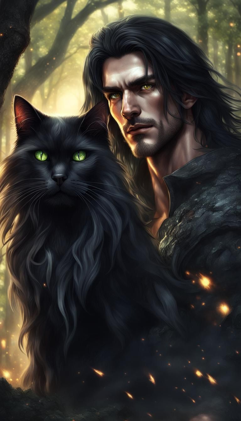 Handsome Male Witch with Black Cat in Forest