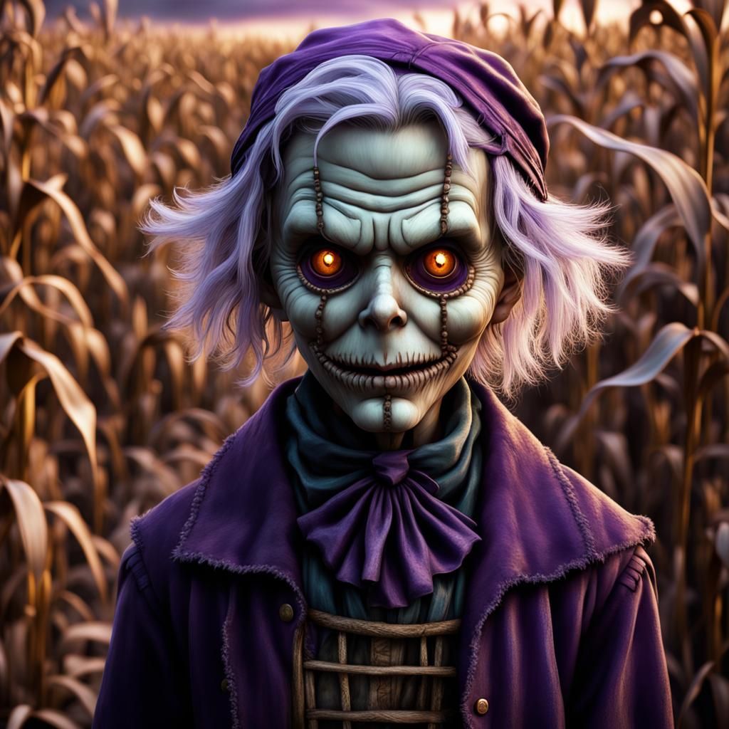 Scarecrow Boy in Haunted Corn Maze: Impressionistic Sepia No...