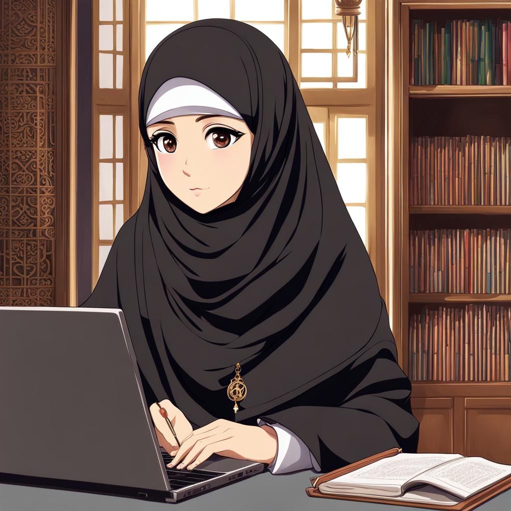 Muslim Girl Writing: Anime Style Digital Art