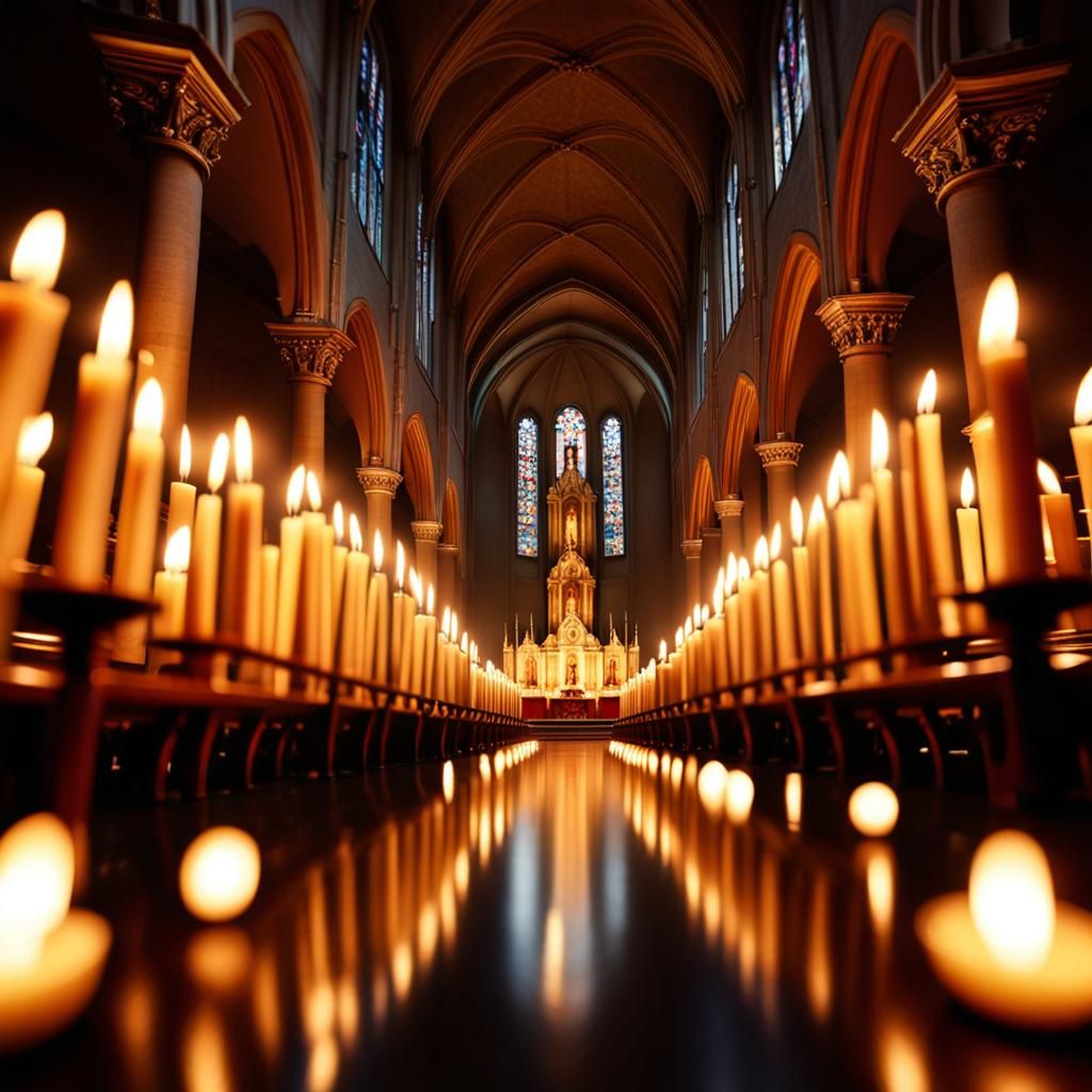 Candlelit Catholic Nave with Glittering Chiaroscuro