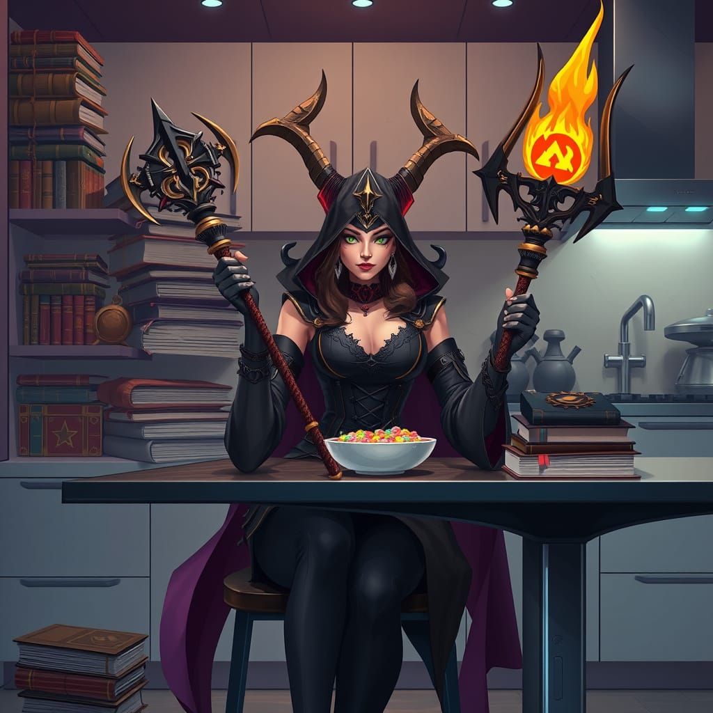Diablo Sorceress in Modern Kitchen, Dystopian Style