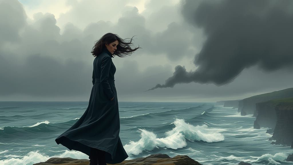 Ethereal Woman on Windswept Cliffside in Melancholic Mood