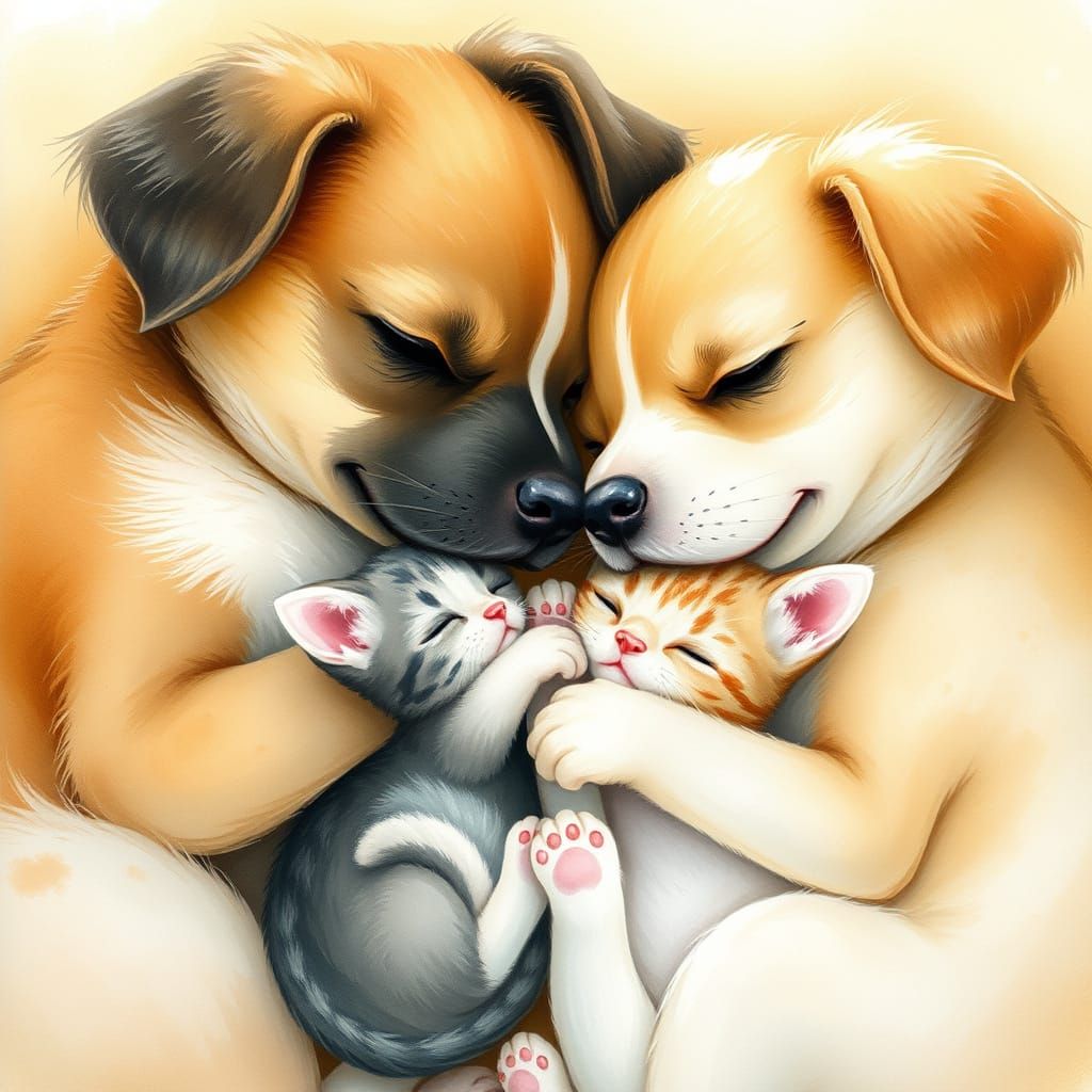 Snuggled Puppies and Kittens in a Whimsical Watercolor Scene