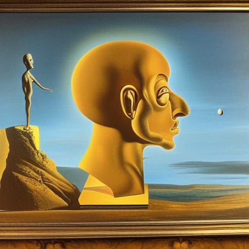 Surreal Man with Ladder, Dali-esque Oil Painting
