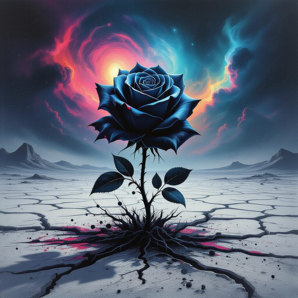 Obsidian Rose in Alien Desert Under Nebula Sky