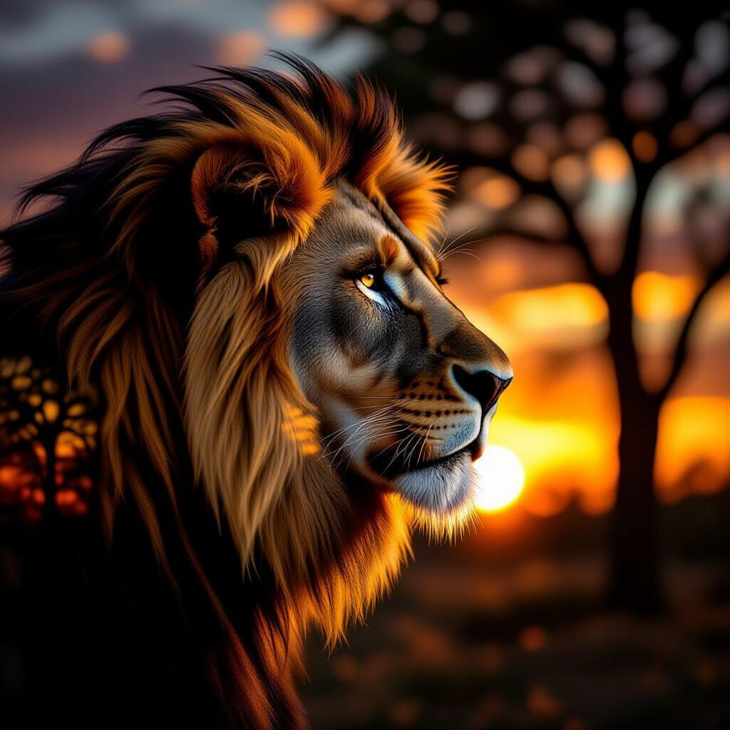 Majestic Lion Double Exposure with Sunset Sky