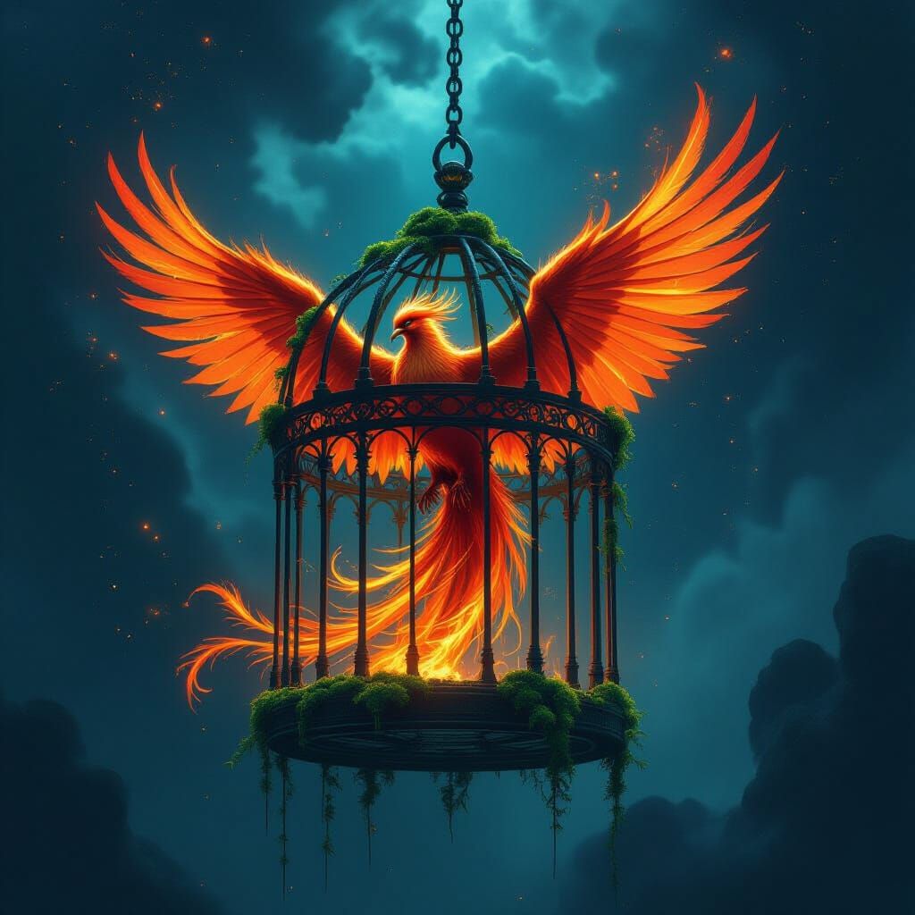 Majestic Phoenix Trapped in Ancient Stone Cage in Cosmic Voi...