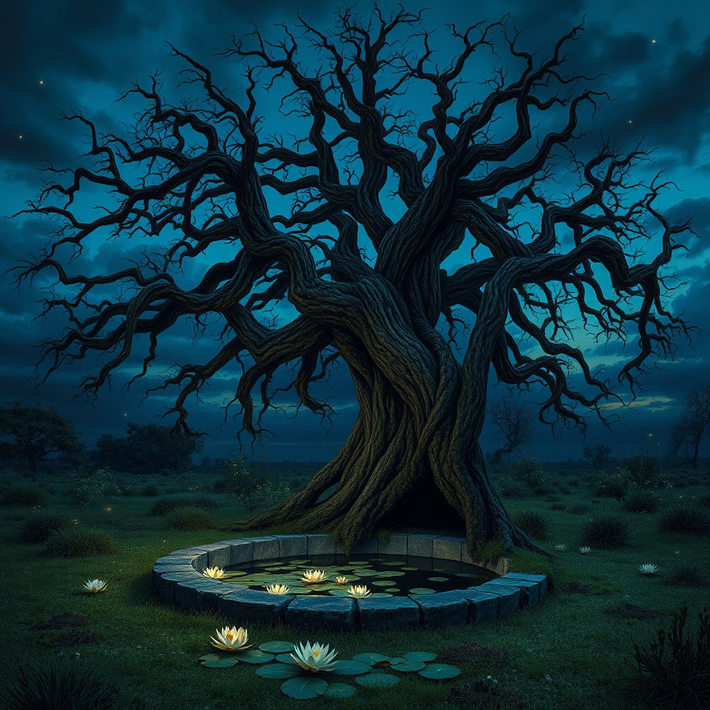 The withered oak, a gnarled sentinel against a bruised twili...