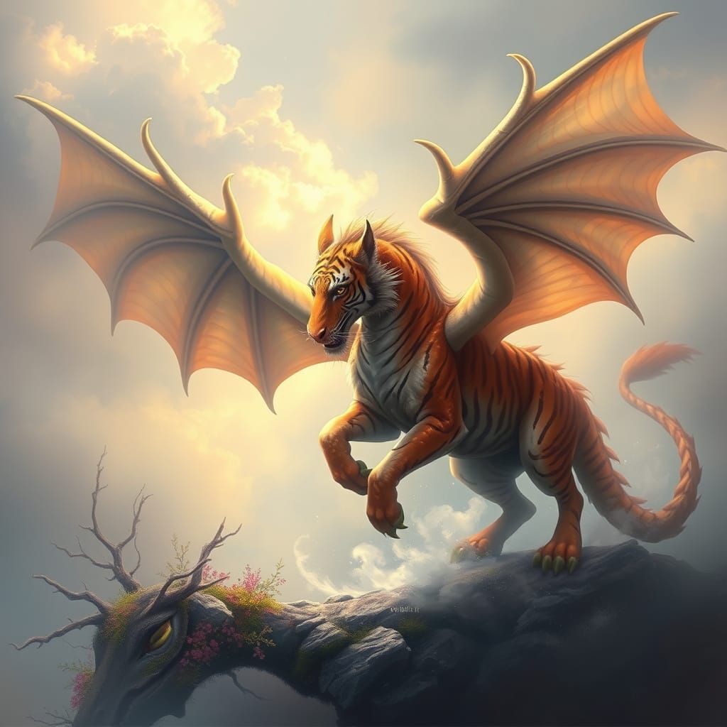 Ethereal Dragon Horse Tiger in Whimsical Fantasy Landscapes