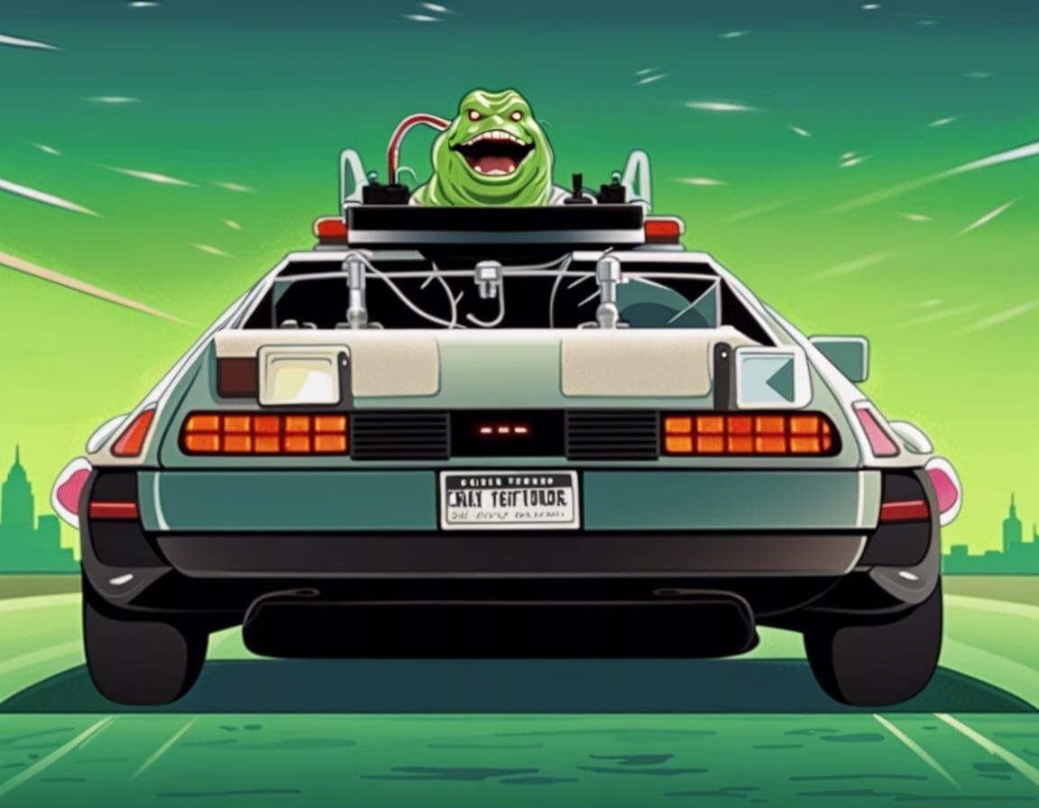 Slimer Drives Delorean: Sci-Fi Movie Poster Art