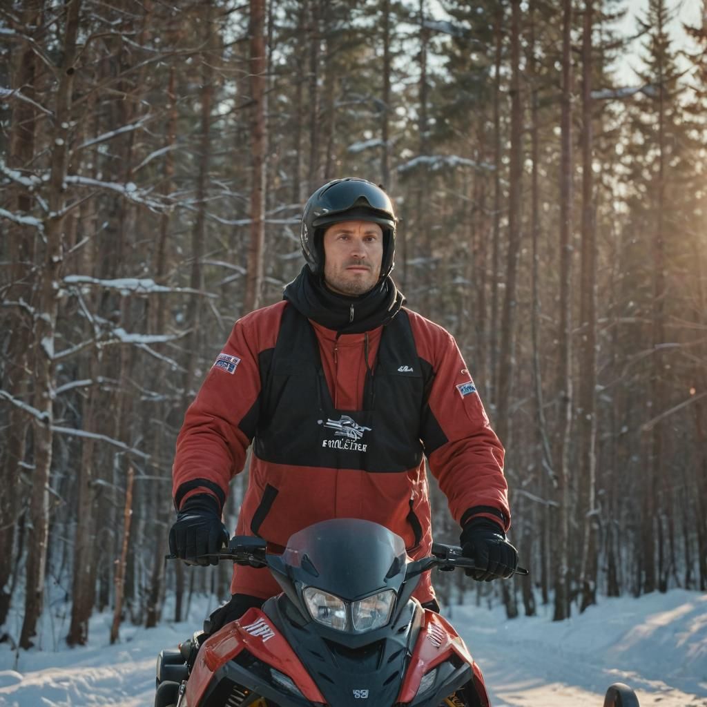 Slavic Man on Snowmobile in Golden Hour Light
