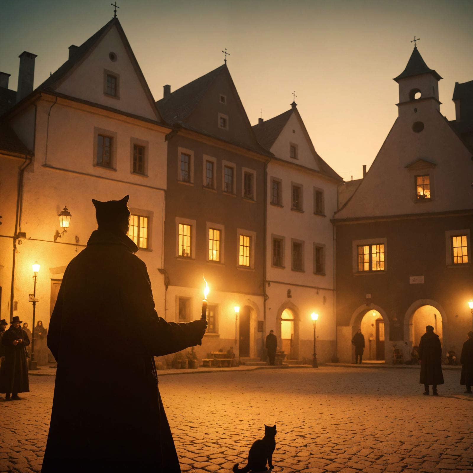 Surreal Village Scene with Ghostly Figure and Flickering Can...