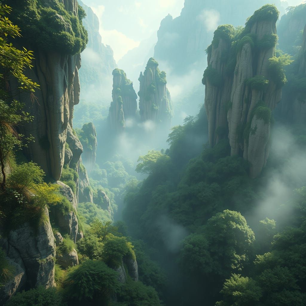 Misty Karst Forest in Rayist Dreamscape
