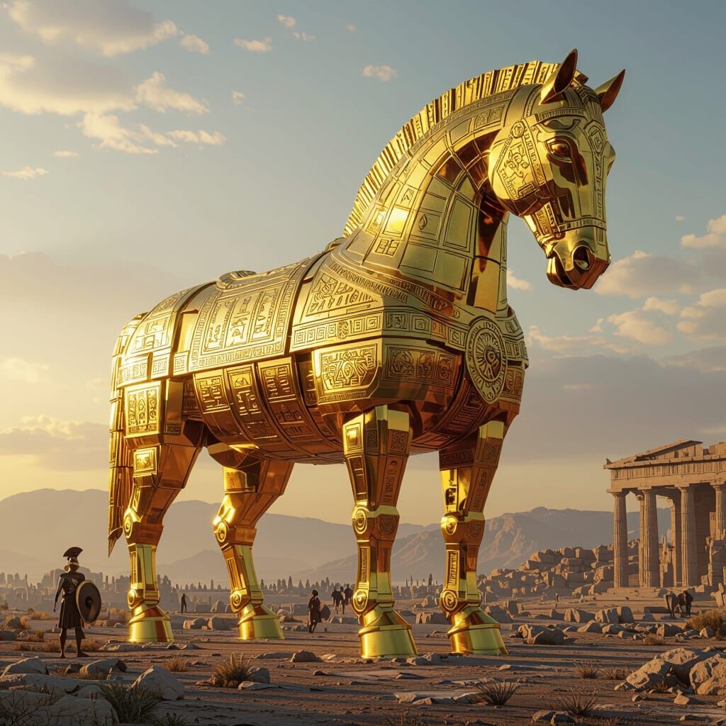 Golden Trojan Horse in Futuristic Style