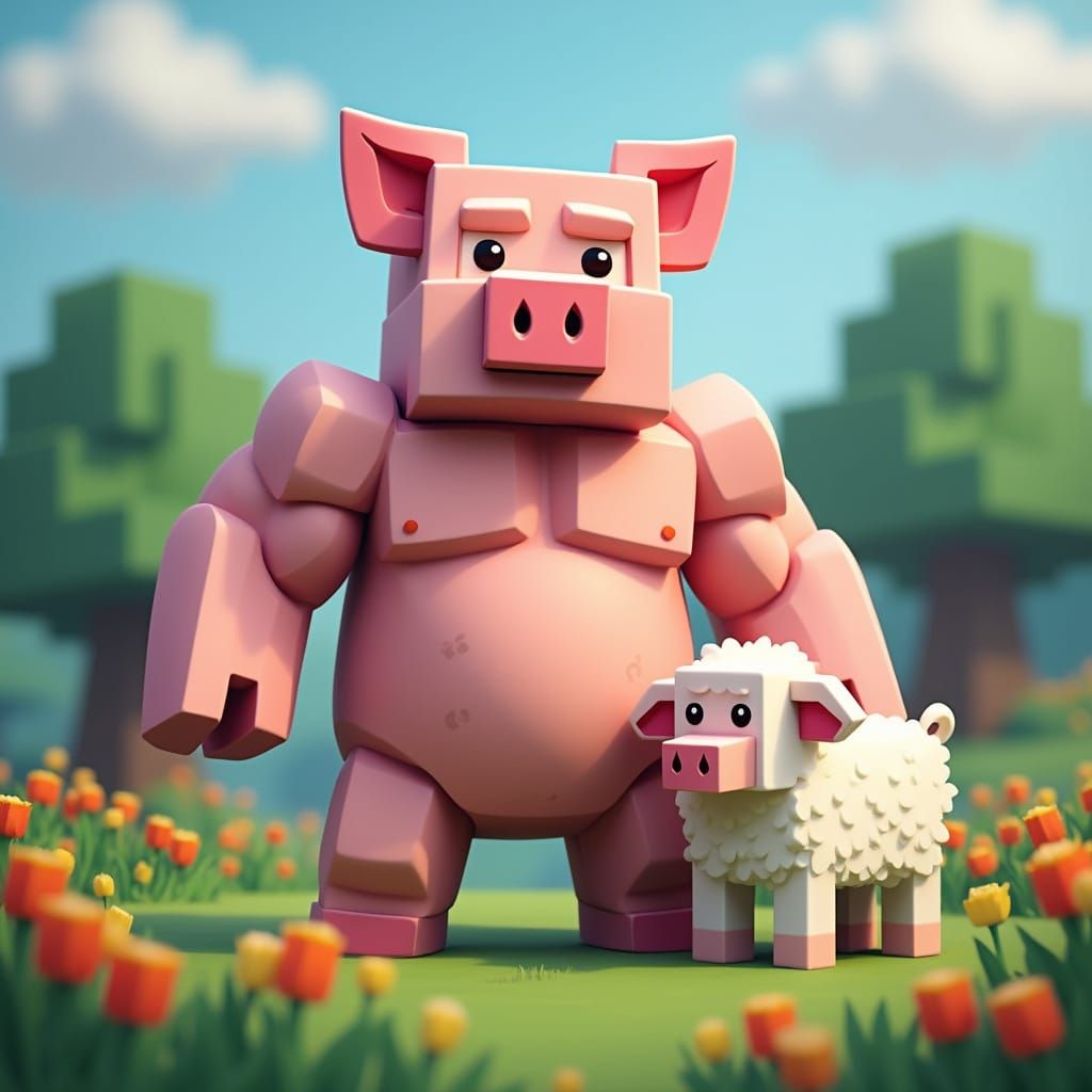 Minecraft Pixel Pig Showcases Strength Beside Adorable Sheep