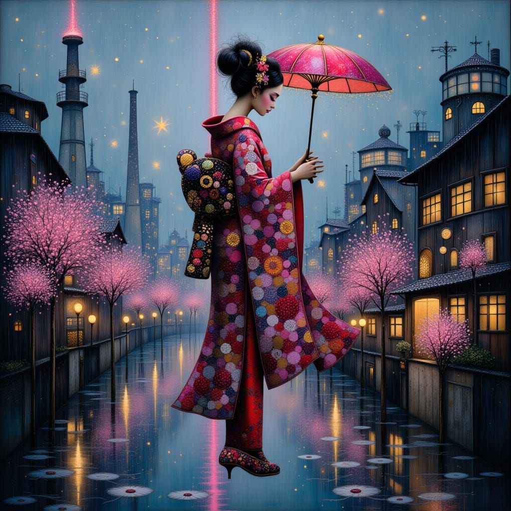 Cyberpunk Geisha in Industrial Oasis