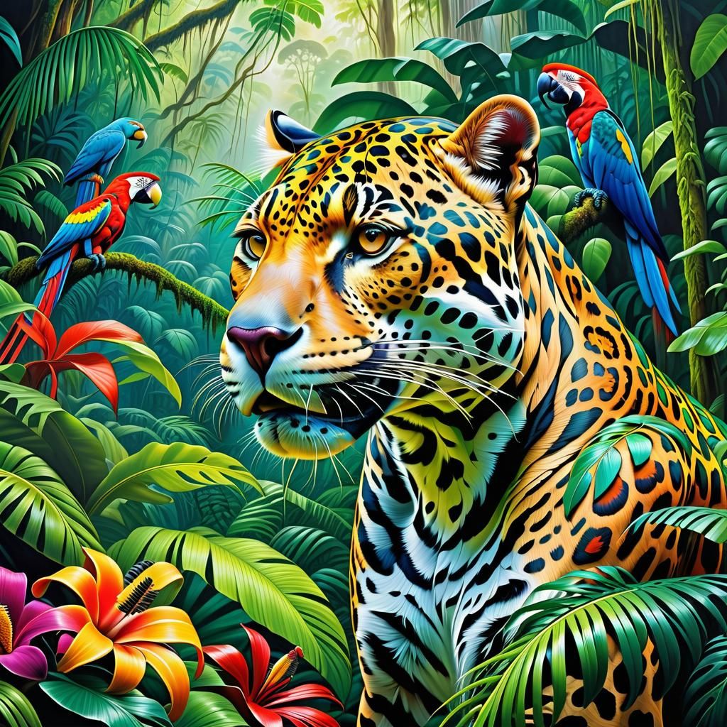 Jaguar in Rainforest: Airbrush Painting with Macaws