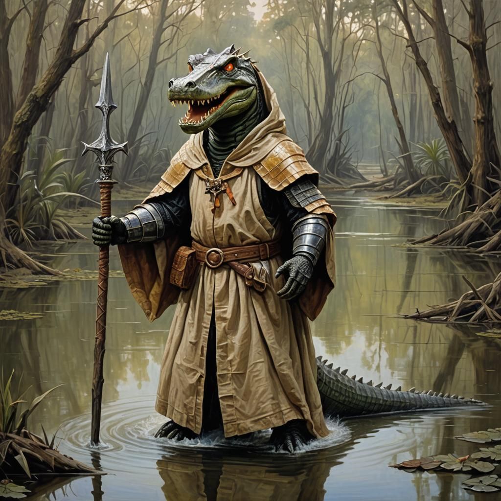 Alligator Warrior in Bayou, Oil Painting
