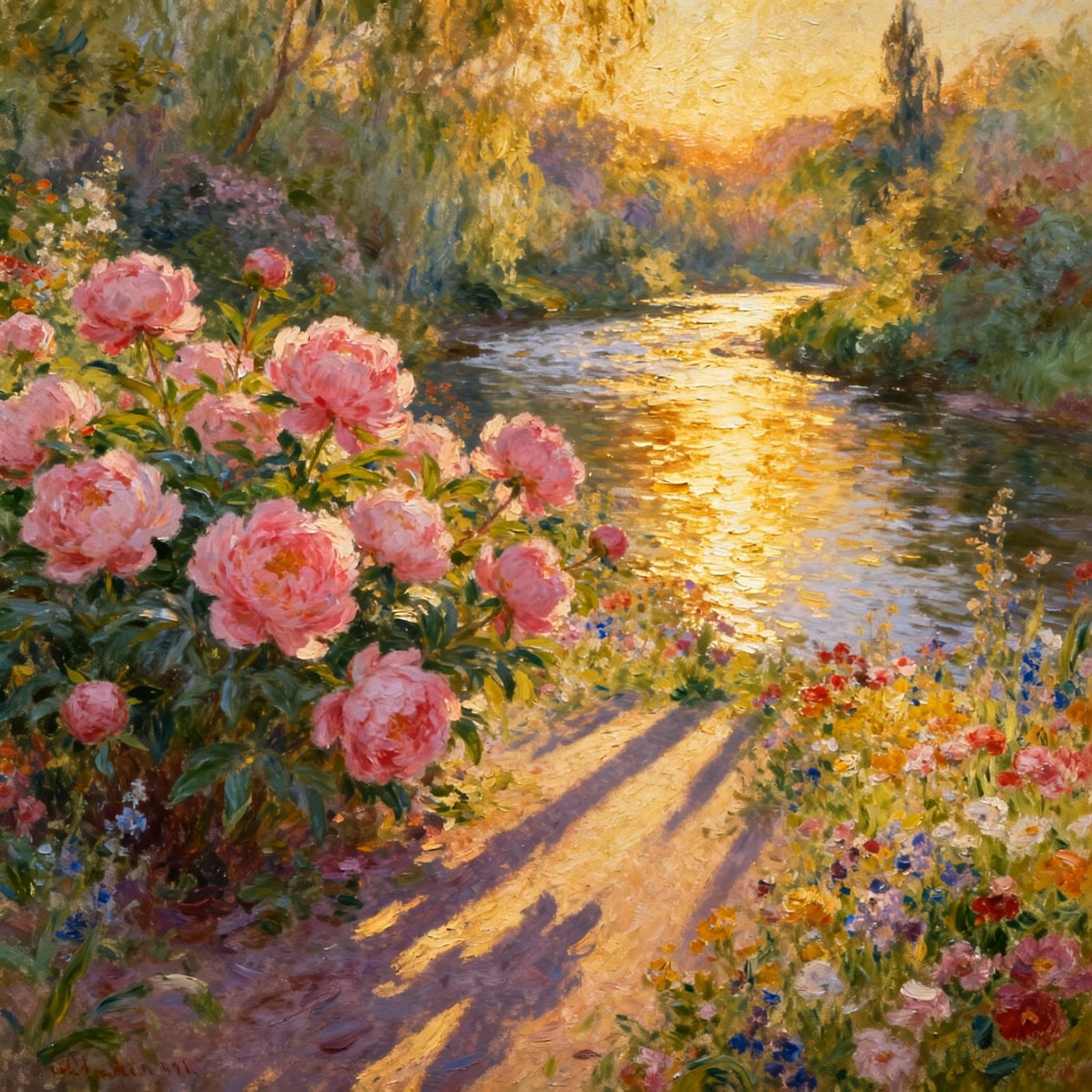 Paradise River with Peonies and Wildflowers in Golden Hour