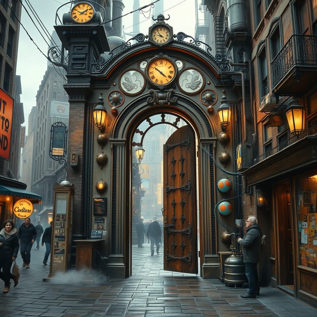 Hidden Doorway in Bustling Steampunk Metropolis