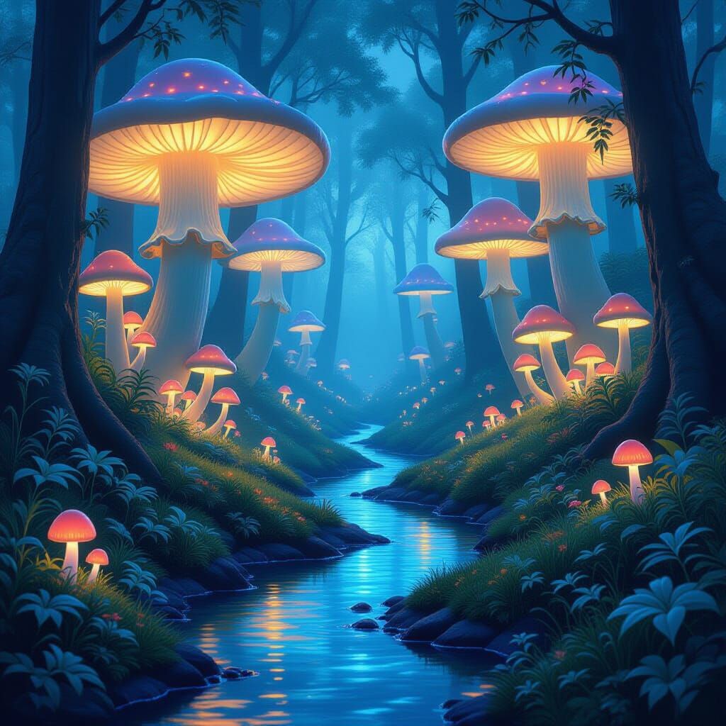 Glowing Mushroom Forest at Twilight with Crystal Stream